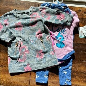2 Outfit Bundle! Cute Floral Gray Dress & Disney Lilo Stitch 3 PC Set NWT 3-6 m